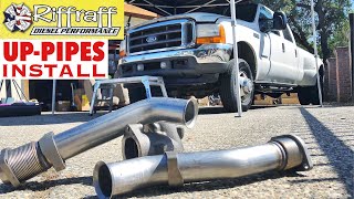 2001 F350 73  RiffRaff UpPipes Install  Stock up pipes leaking and falling apart JUNK SP [upl. by Romo]